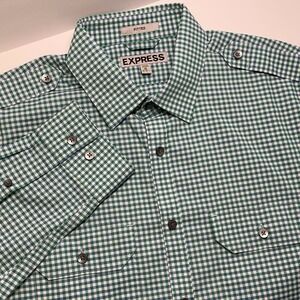 Express Mens Shirt Fitted Gingham‎ Check Green Blue Button Up M 15-15.5 Preppy